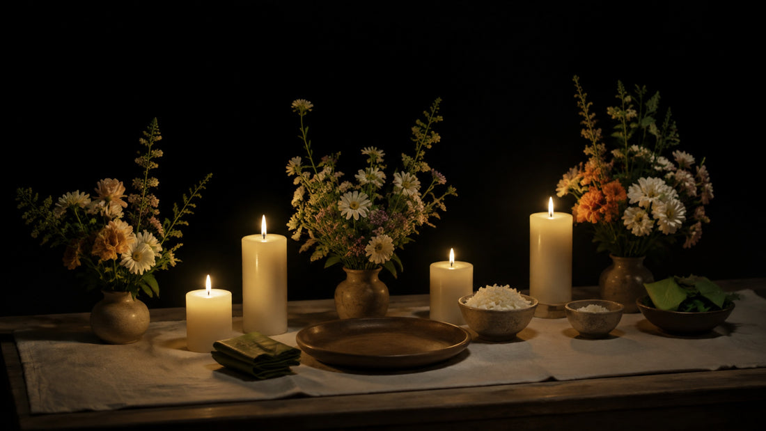 Candles, flowers and offerings arranged on a cloth for a love ritual at night