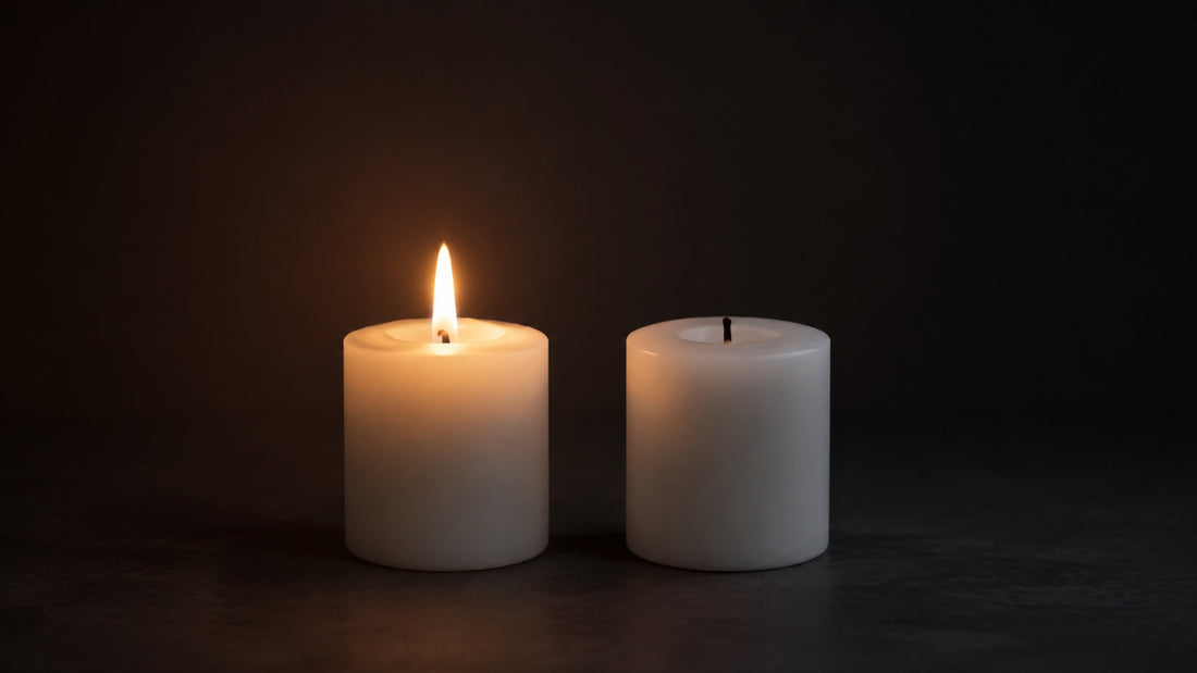 Two candles placed side by side on a dark surface, lit and unlit