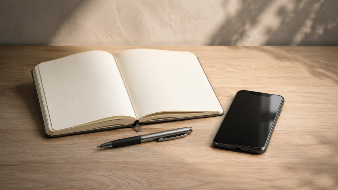 A notebook, pen and phone laid out ready for a consultation