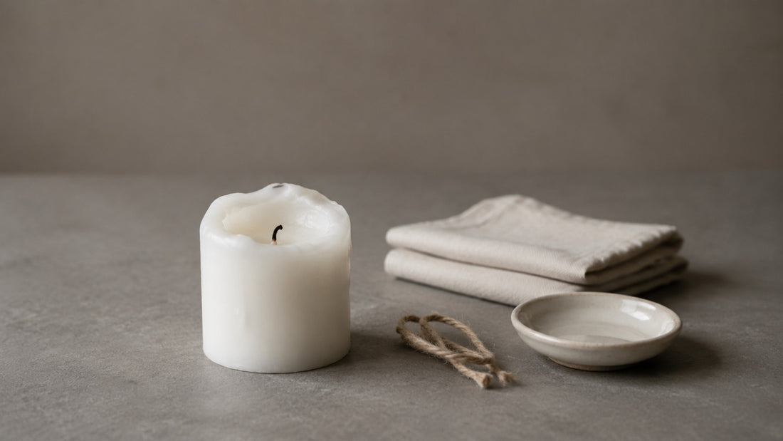 A partly burned candle beside prepared ritual materials