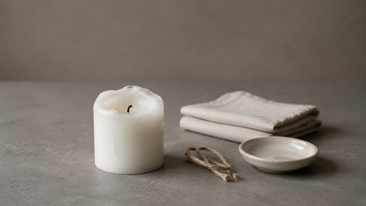 A partly burned candle beside prepared ritual materials