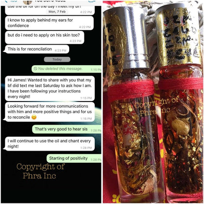 Wealth attraction oil bottle next to its packaging box
