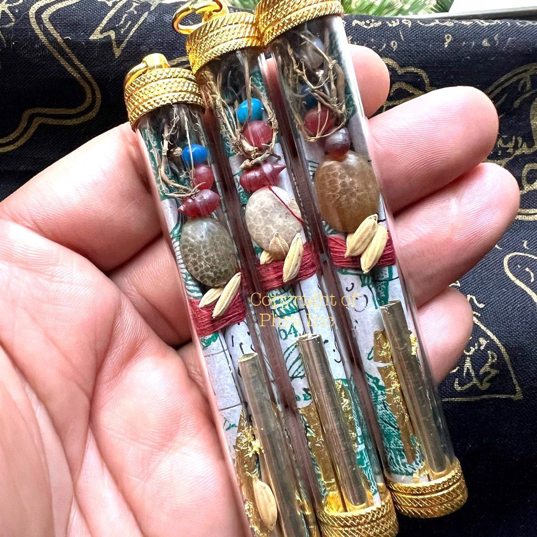 Wealth & Money Attraction Amulet Talisman – 6-in-1 Takrut Charm with 5 Magical Mustika Pearls and Prosperity Luck Talisman