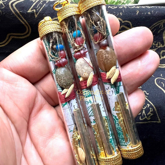 Wealth & Money Attraction Amulet Talisman – 6-in-1 Takrut Charm with 5 Magical Mustika Pearls and Prosperity Luck Talisman