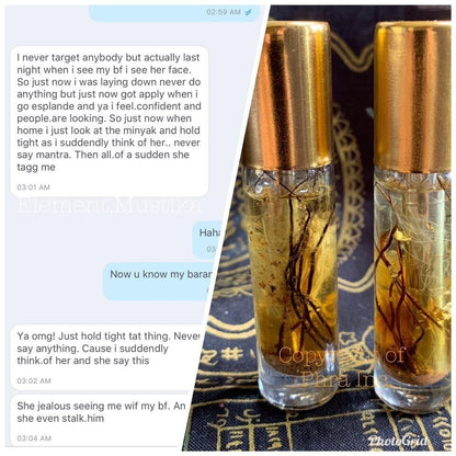 Bulu Perindu love oil bottle, detail of the roots inside