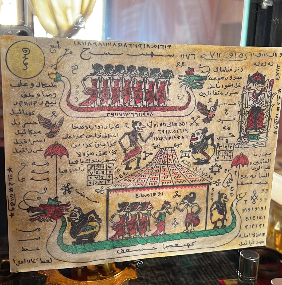 Close up of the deities and mantras drawn on the wealth yantra