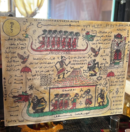 Close up of the deities and mantras drawn on the wealth yantra