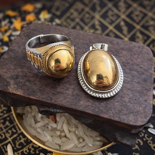 Besi Kuning yellow iron Javanese Lekai ring and pendant, front view