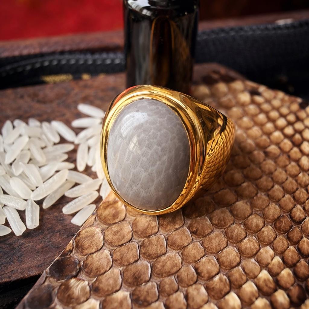 White Nagamani cobra pearl ring in gold plated sterling silver, front view