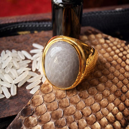 White Nagamani cobra pearl ring in gold plated sterling silver, front view