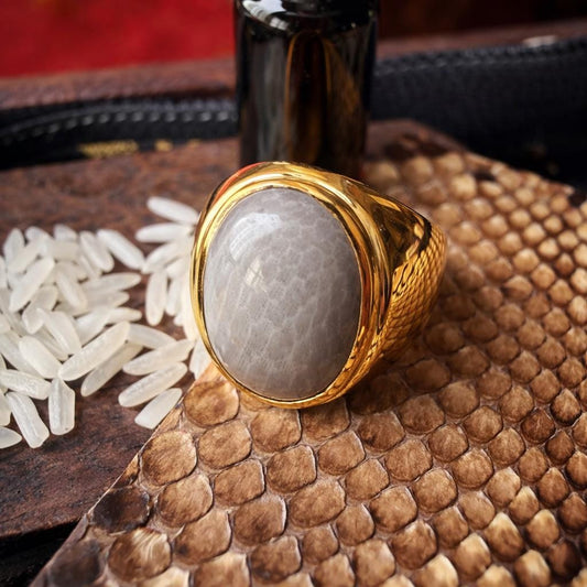 White Nagamani cobra pearl ring in gold plated sterling silver, front view